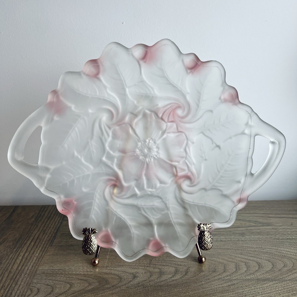 Vintage Flower Shaped Crystal Glass Handled Serving Platter Wild Rose 12" x 10"